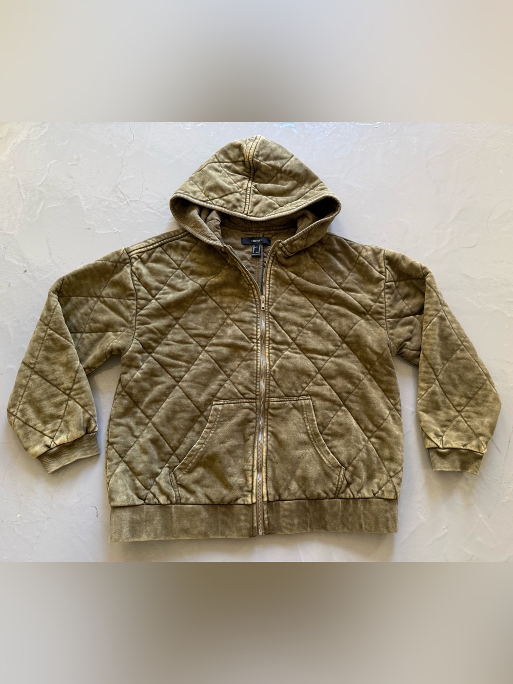 Forever 21 Quilted Hooded Jacket in Olive/Brown Size Small